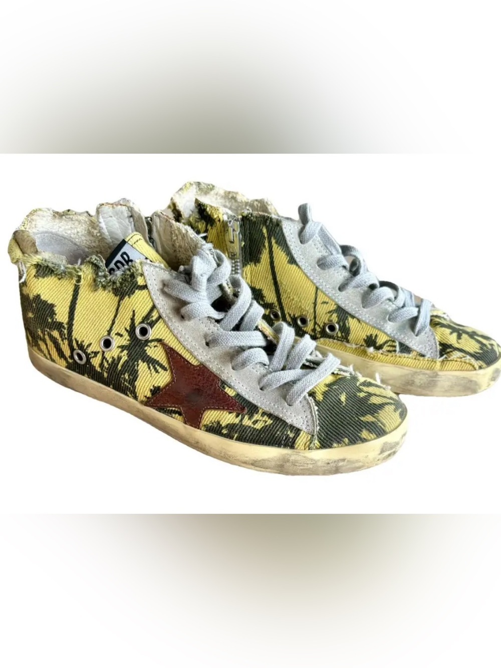 Golden Goose Francy Distressed High Top Palm Tree Lace Up Skateboard Sneakers 37